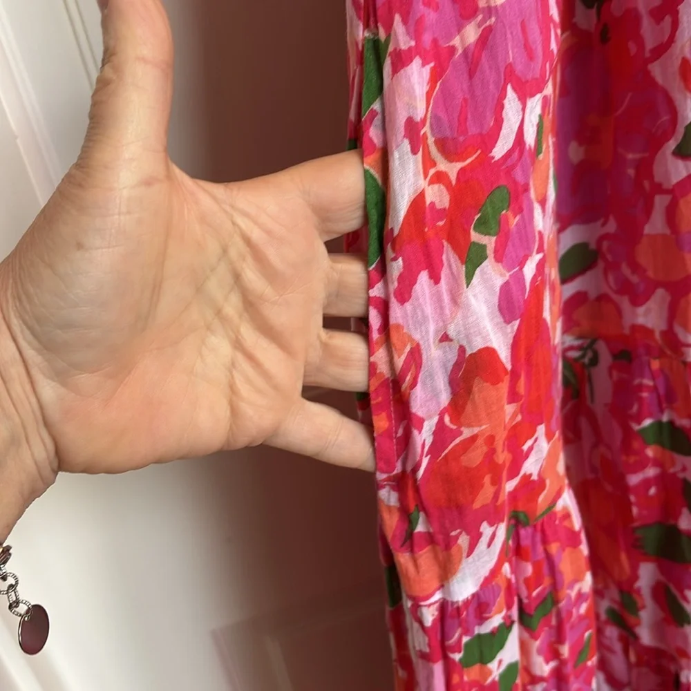 BANJANAN Norma Dress Womens XL Pink Floral Maxi Cotton Short Sleeve Pockets - Picture 3 of 8